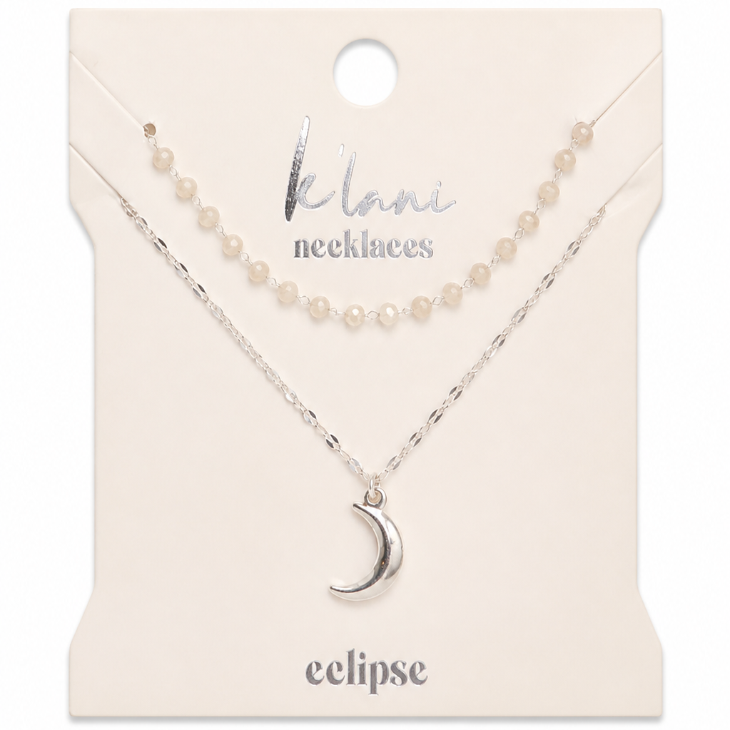 "Eclipse" Silver Moon Charm & Iridescent Bead Necklace Set