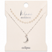"Eclipse" Silver Moon Charm & Iridescent Bead Necklace Set