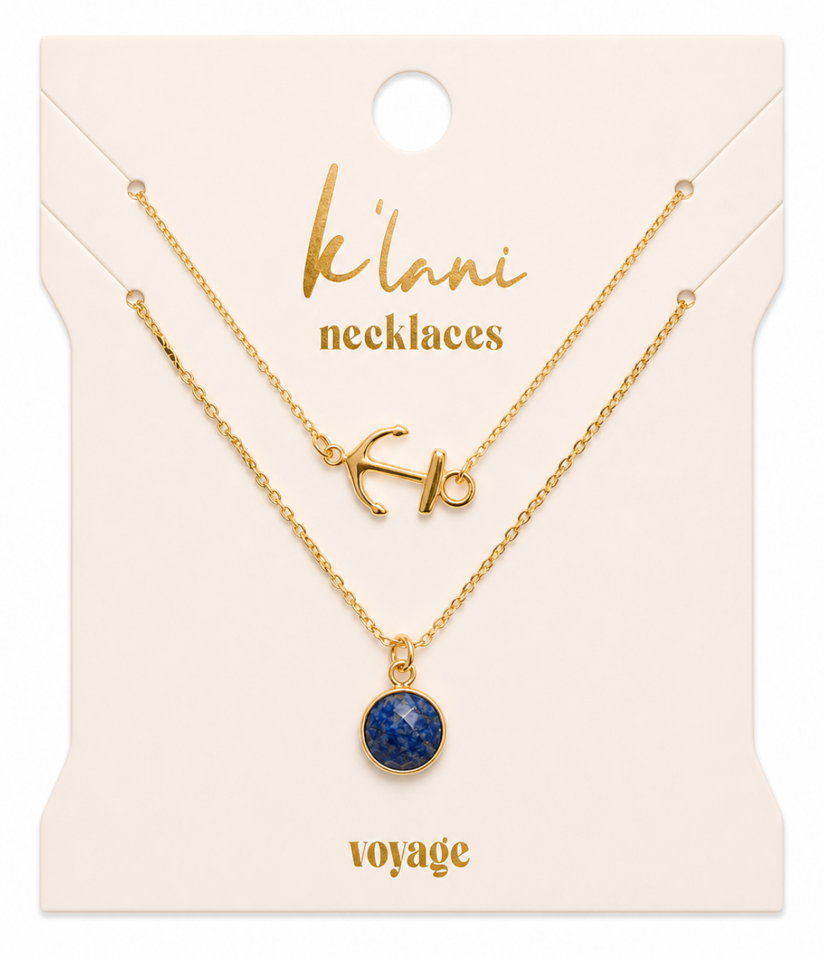 "Voyage" Gold Anchor & Blue Faceted Stone Necklace Set