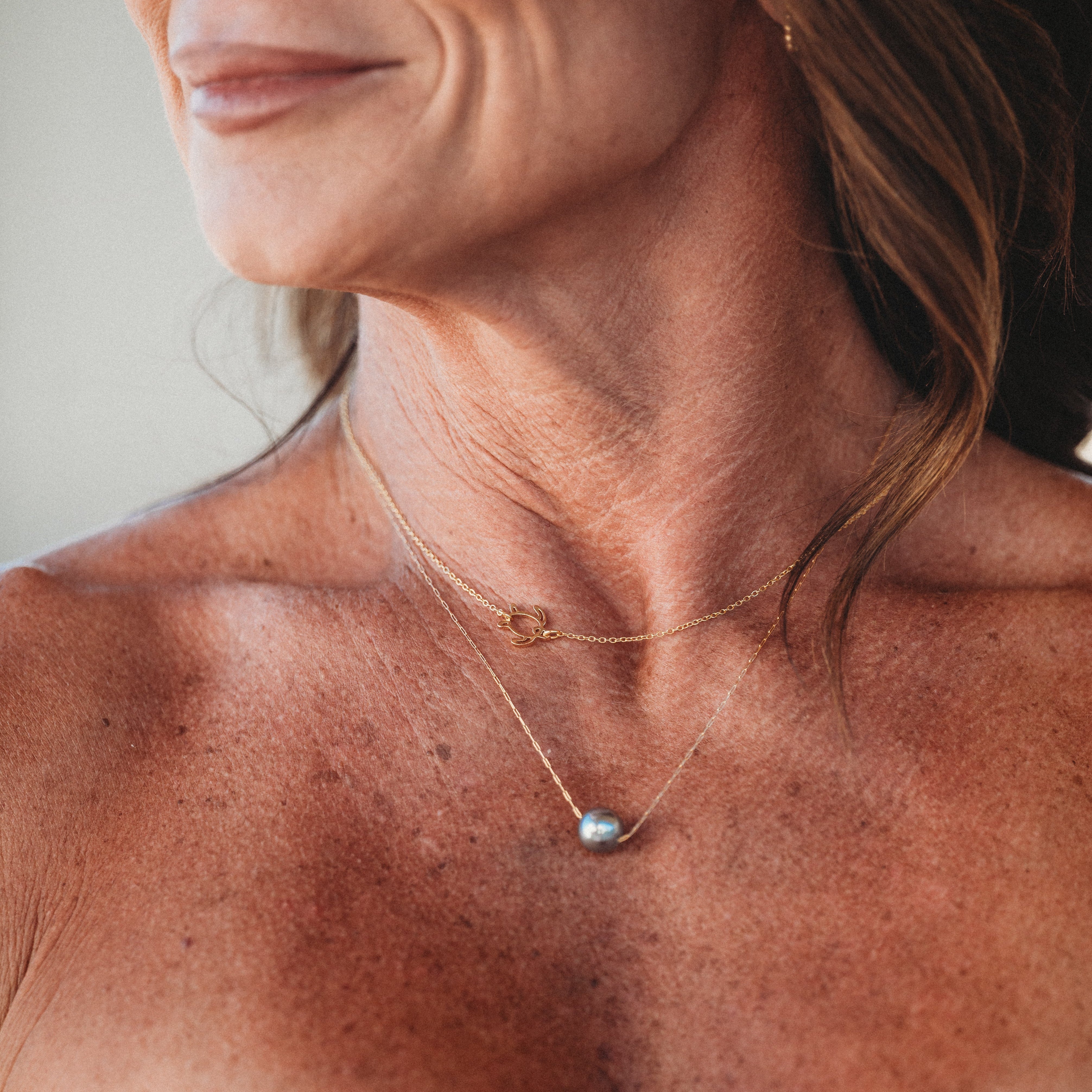 "Journey" Black Pearl and Gold Turtle Charm Necklace Set