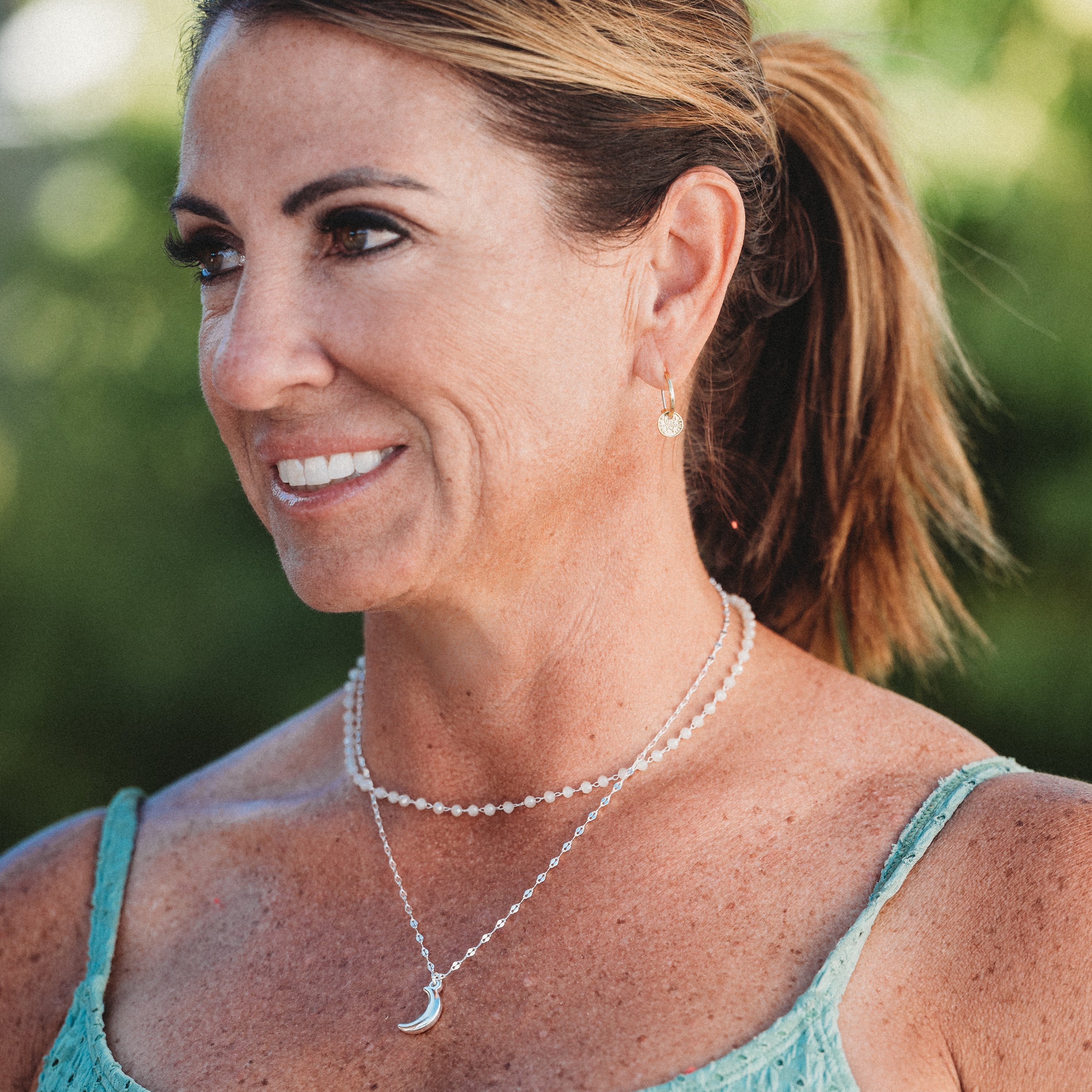"Eclipse" Silver Moon Charm & Iridescent Bead Necklace Set