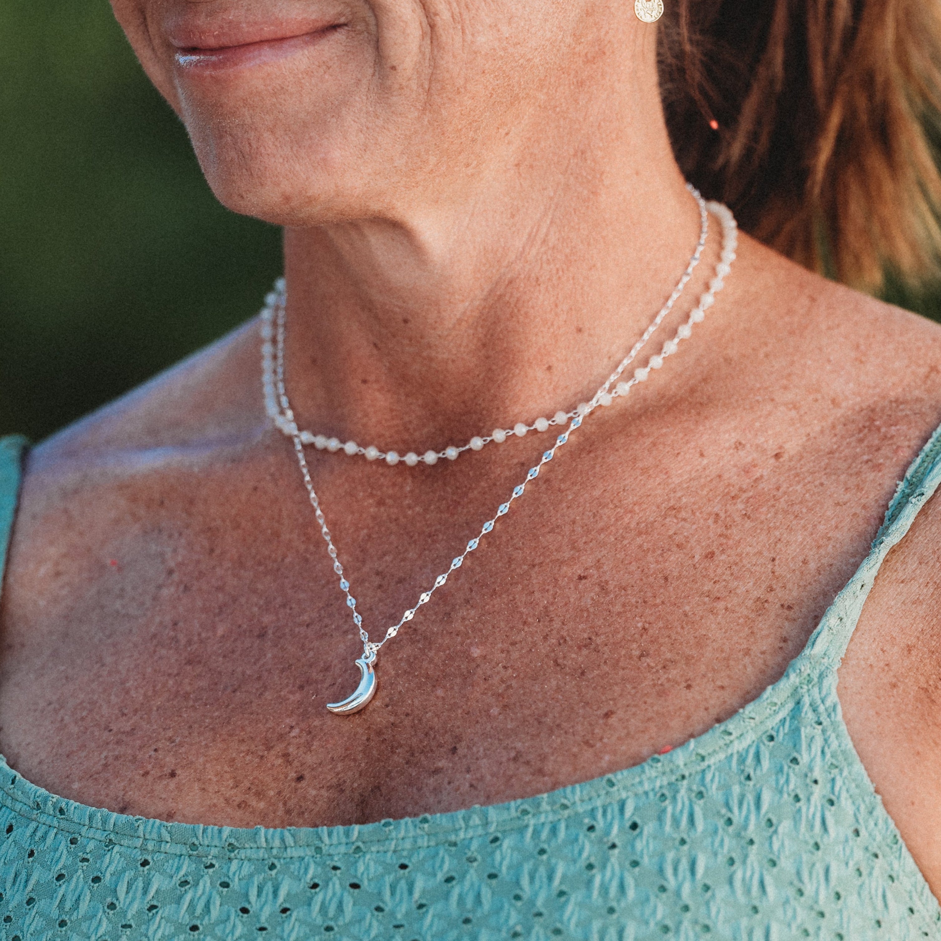 "Eclipse" Silver Moon Charm & Iridescent Bead Necklace Set