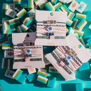 "Mahjong" Themed in Pink, Green & Blue with Lotus & Tile Accent Hair Tie Bracelets