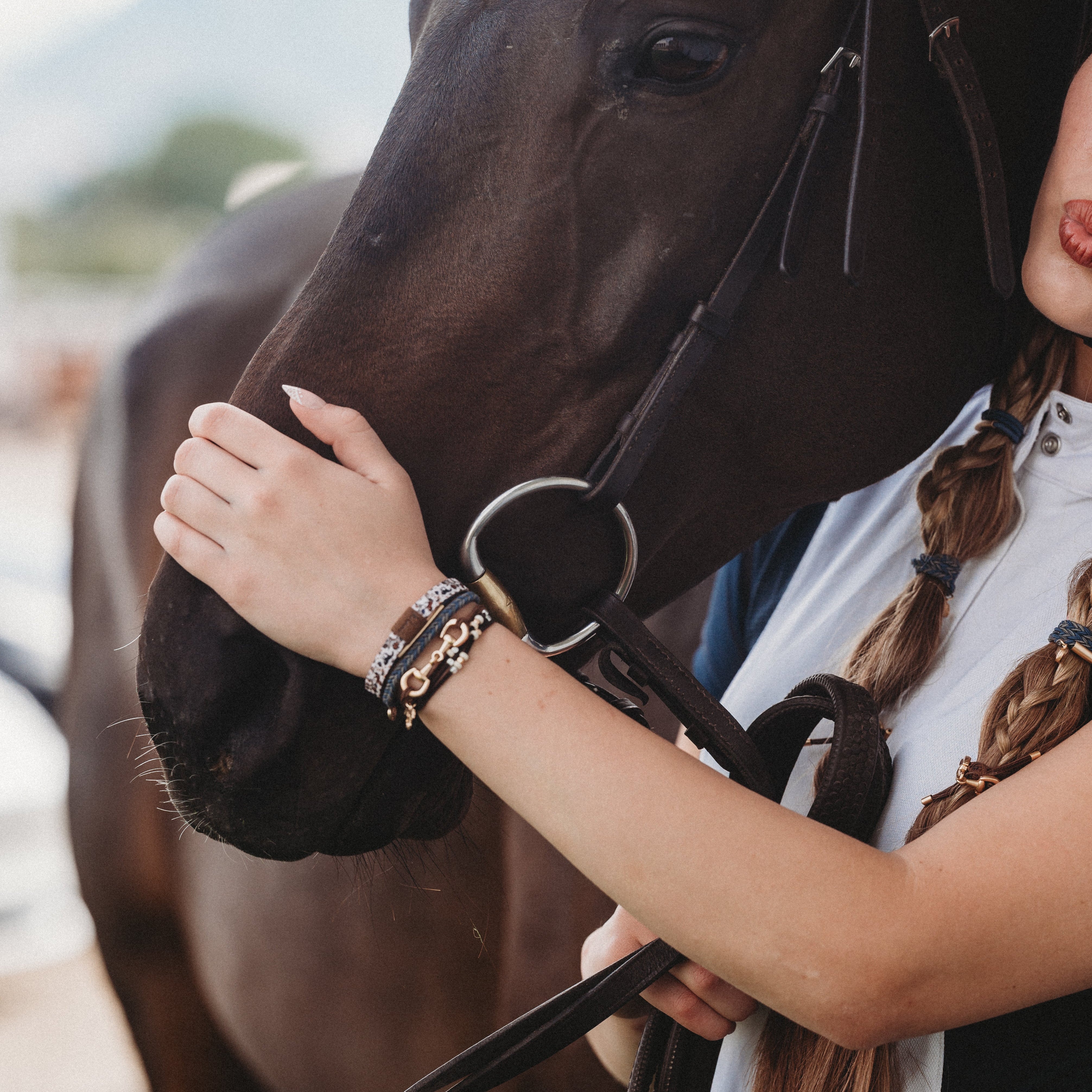 "Gallop" Horse & Bit Equestrian Accents in Rich Brown & Blue Hair Tie Bracelets