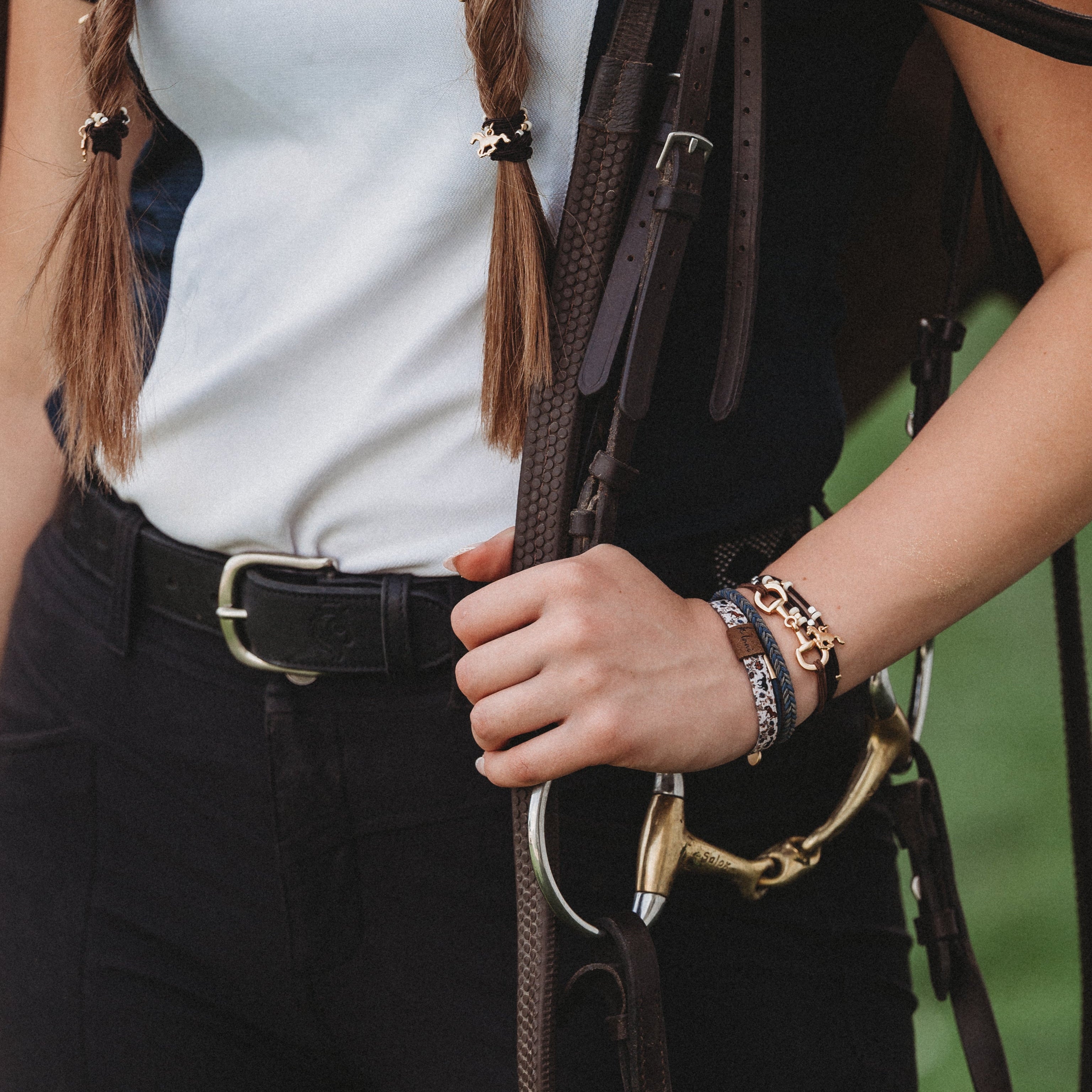 "Gallop" Horse & Bit Equestrian Accents in Rich Brown & Blue Hair Tie Bracelets