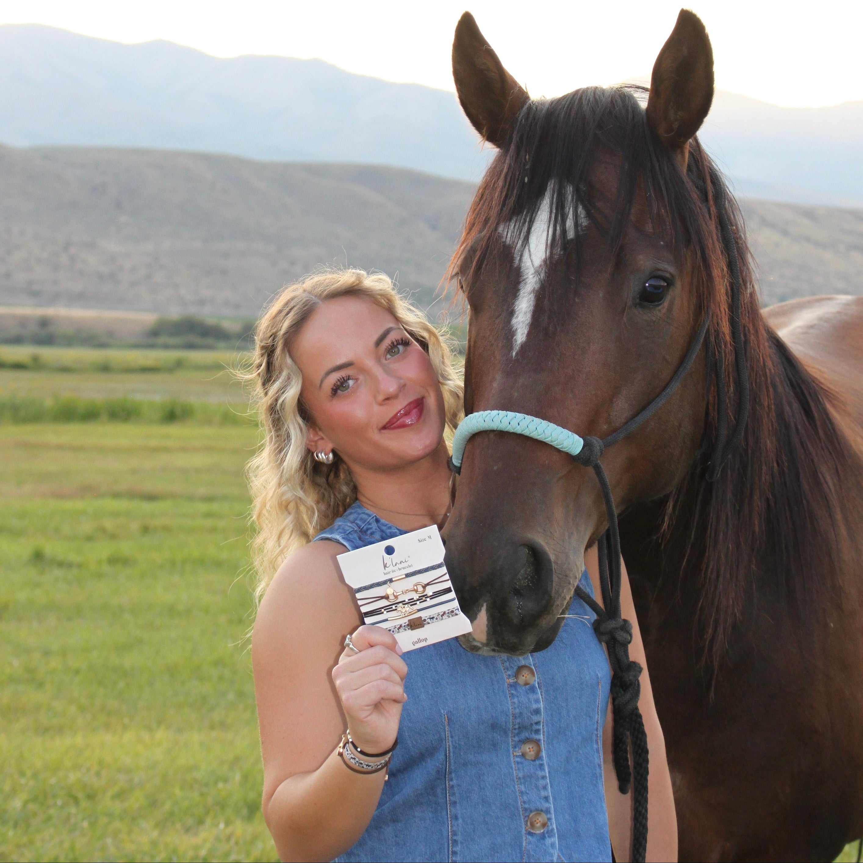 "Gallop" Horse & Bit Equestrian Accents in Rich Brown & Blue Hair Tie Bracelets