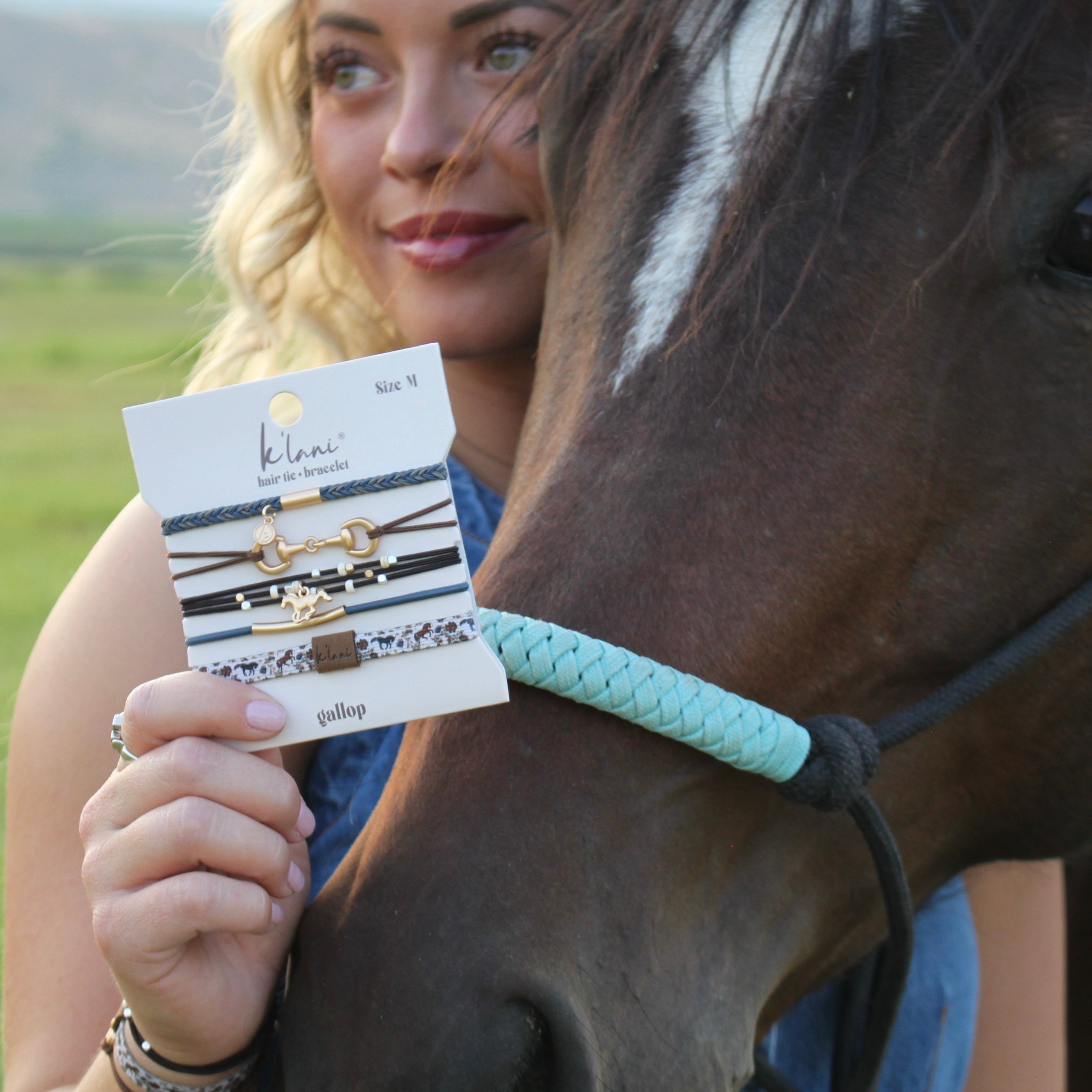 "Gallop" Horse & Bit Equestrian Accents in Rich Brown & Blue Hair Tie Bracelets