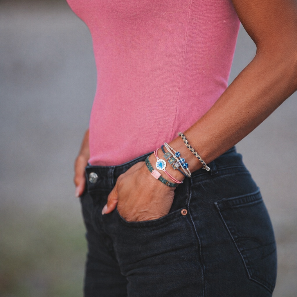 "Mahjong" Themed in Pink, Green & Blue with Lotus & Tile Accent Hair Tie Bracelets
