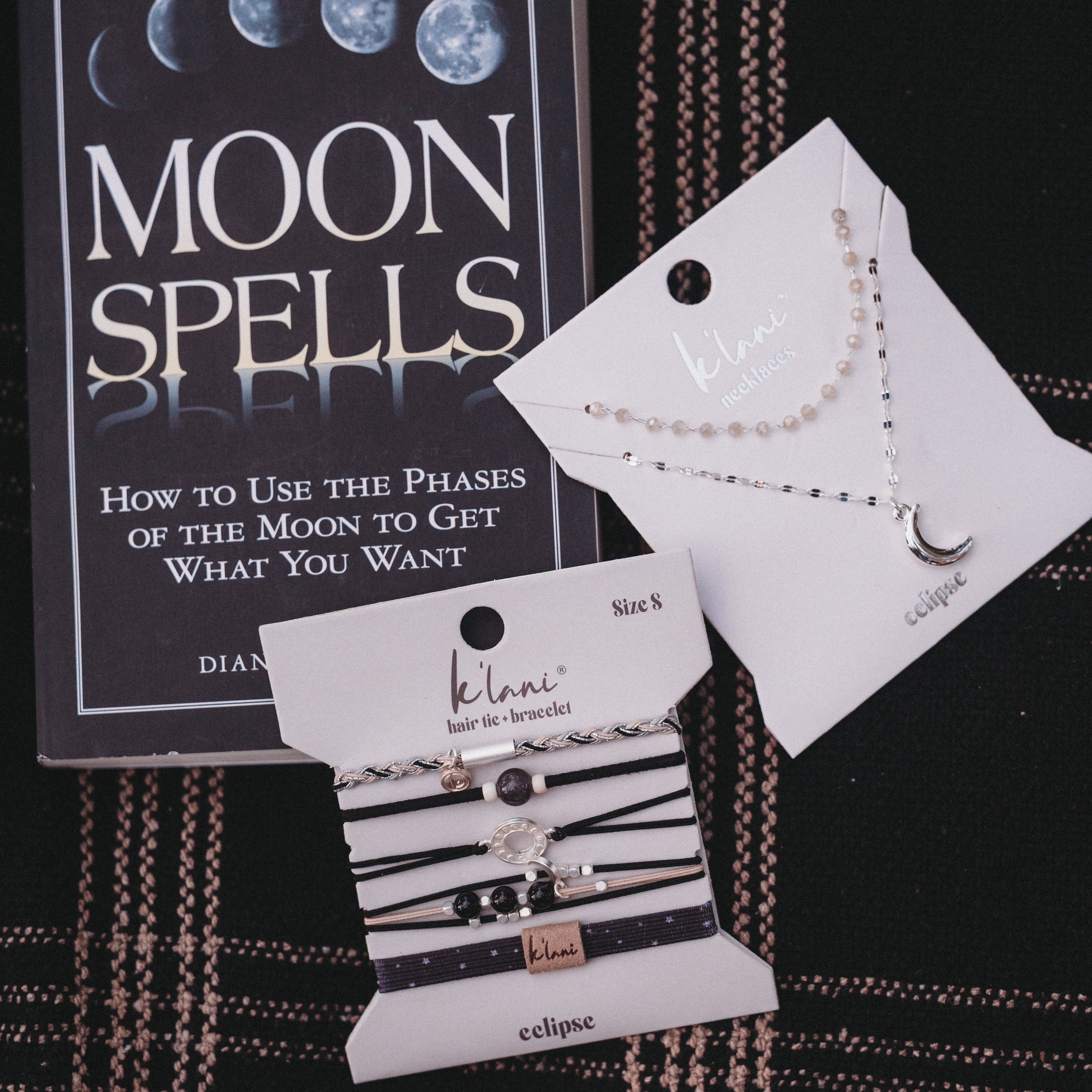 "Eclipse" Silver Moon Charm & Iridescent Bead Necklace Set