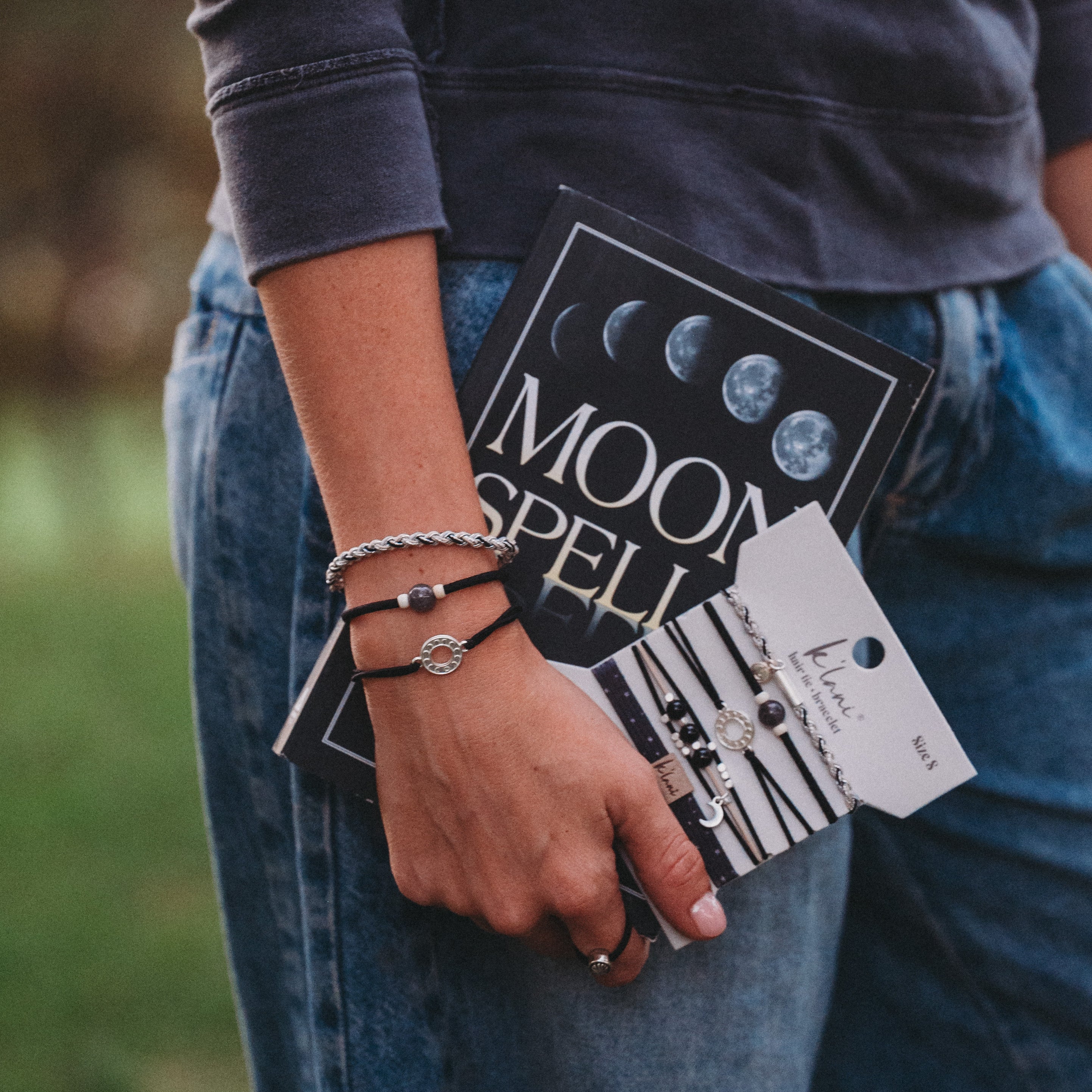 "Eclipse" Black, White & Grey with Silver Metallic & Moon Accent Hair Tie Bracelets
