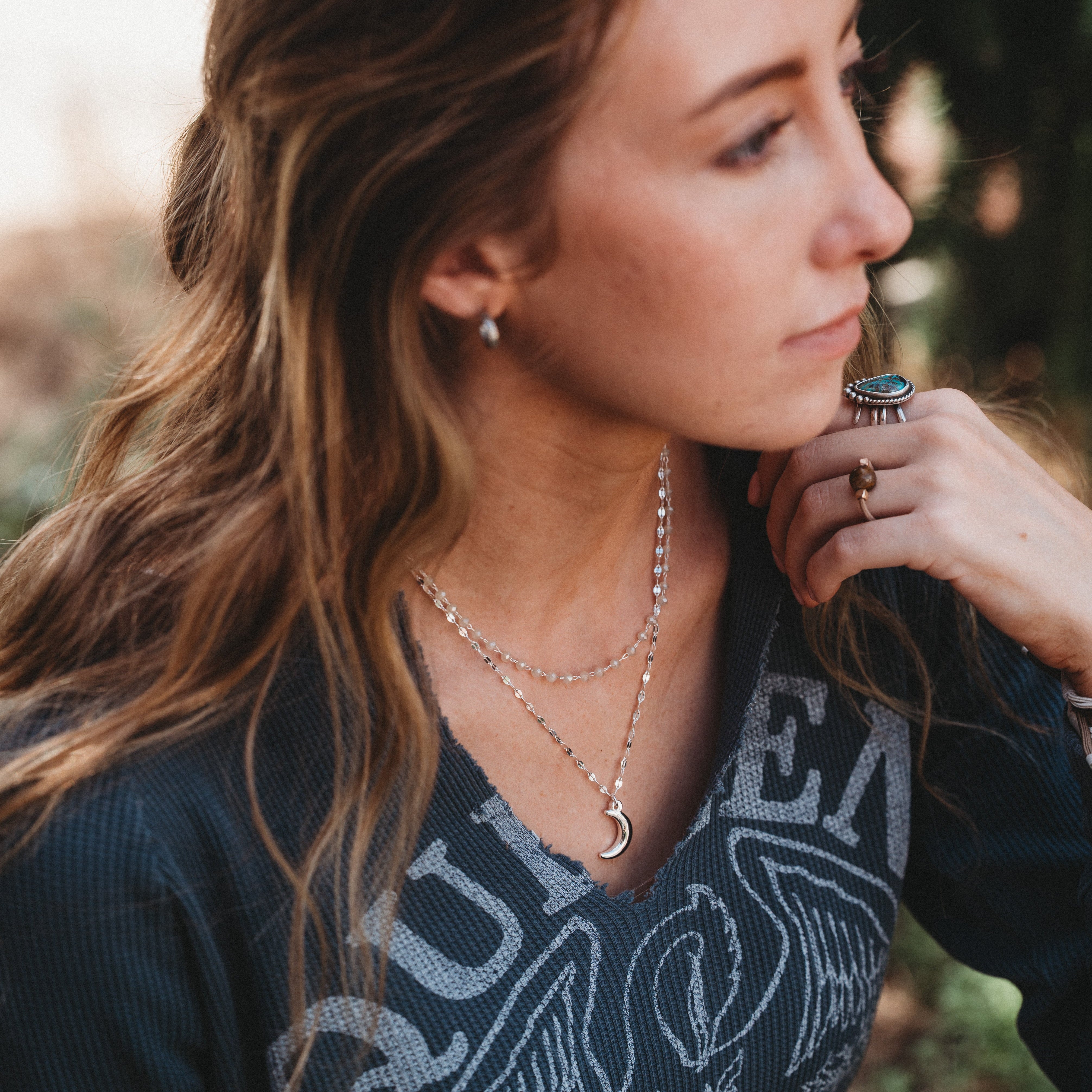 "Eclipse" Silver Moon Charm & Iridescent Bead Necklace Set
