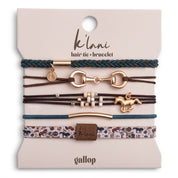 "Gallop" Horse & Bit Equestrian Accents in Rich Brown & Blue Hair Tie Bracelets