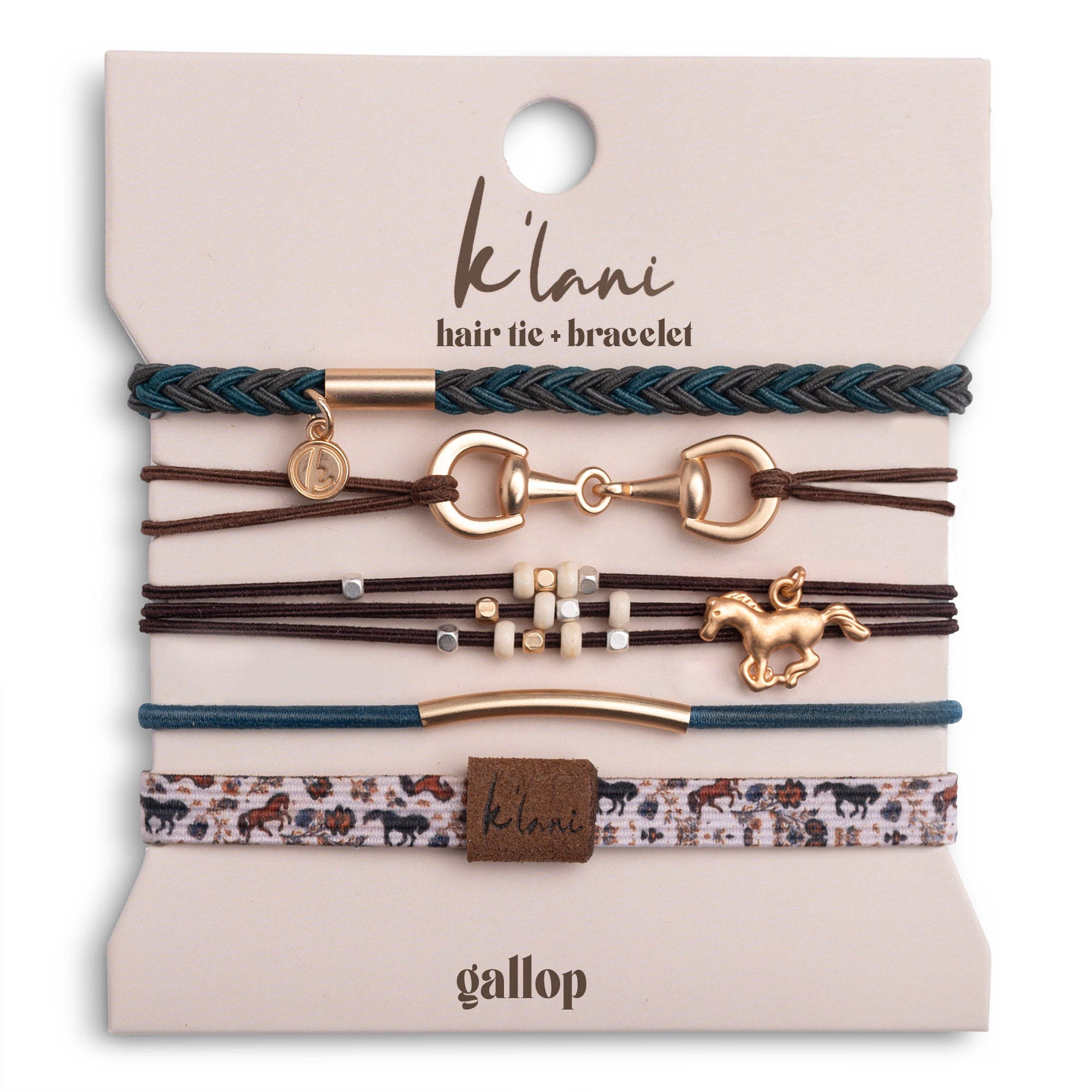 "Gallop" Horse & Bit Equestrian Accents in Rich Brown & Blue Hair Tie Bracelets